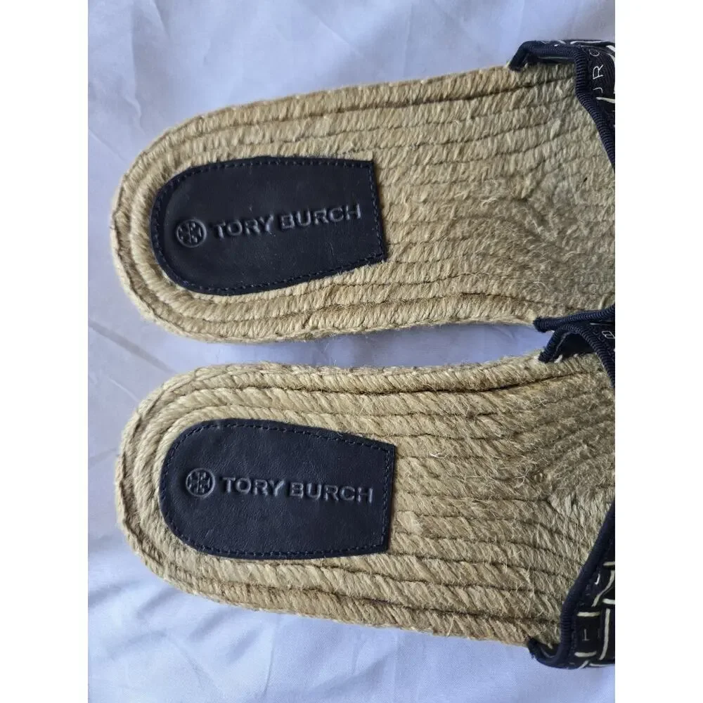 TORY BURCH Sandals Black Ribbon Espadrille Slides Womens 7.5 Coastal Hamptons